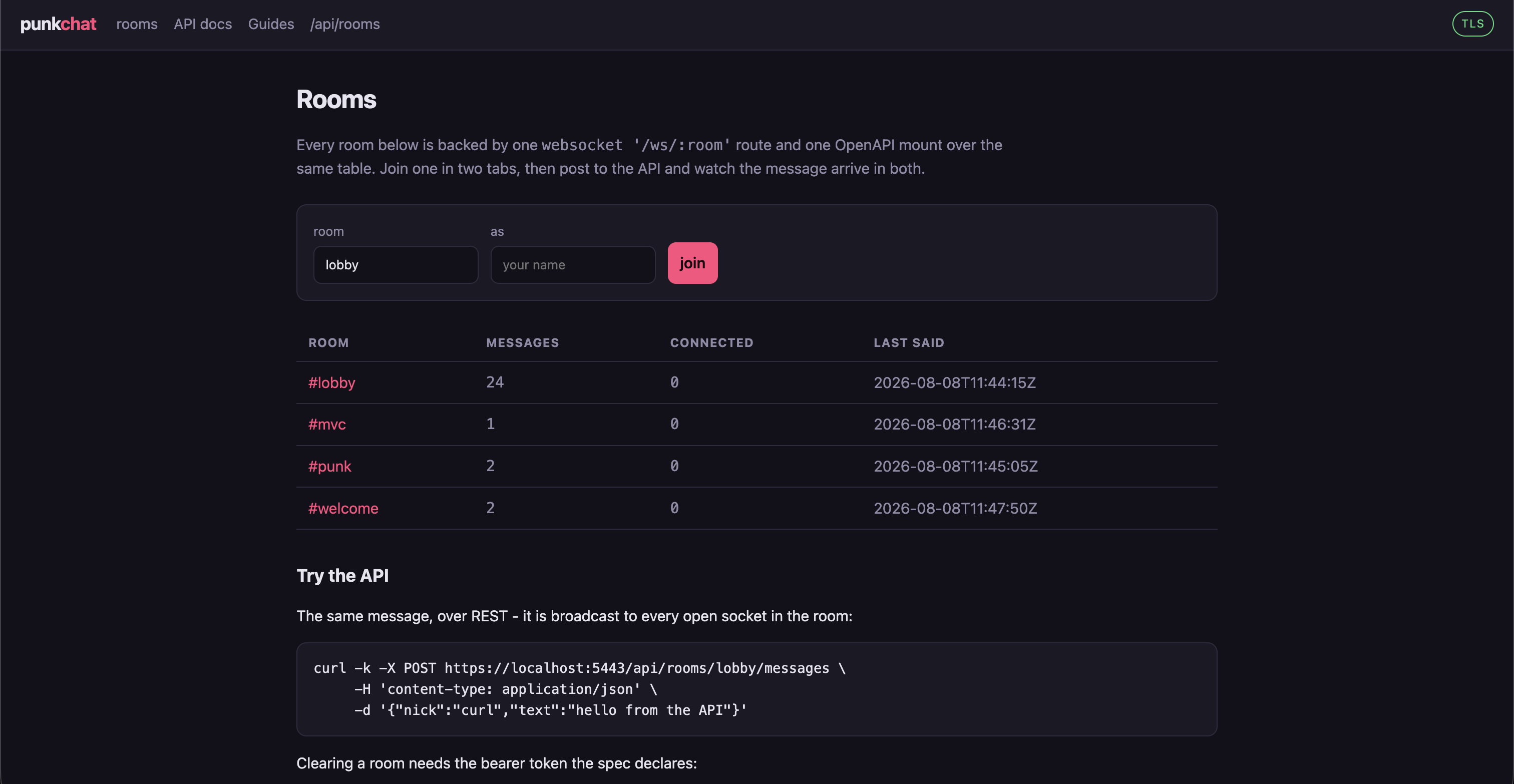 The Chat example application: a live WebSocket chat room built with Punk