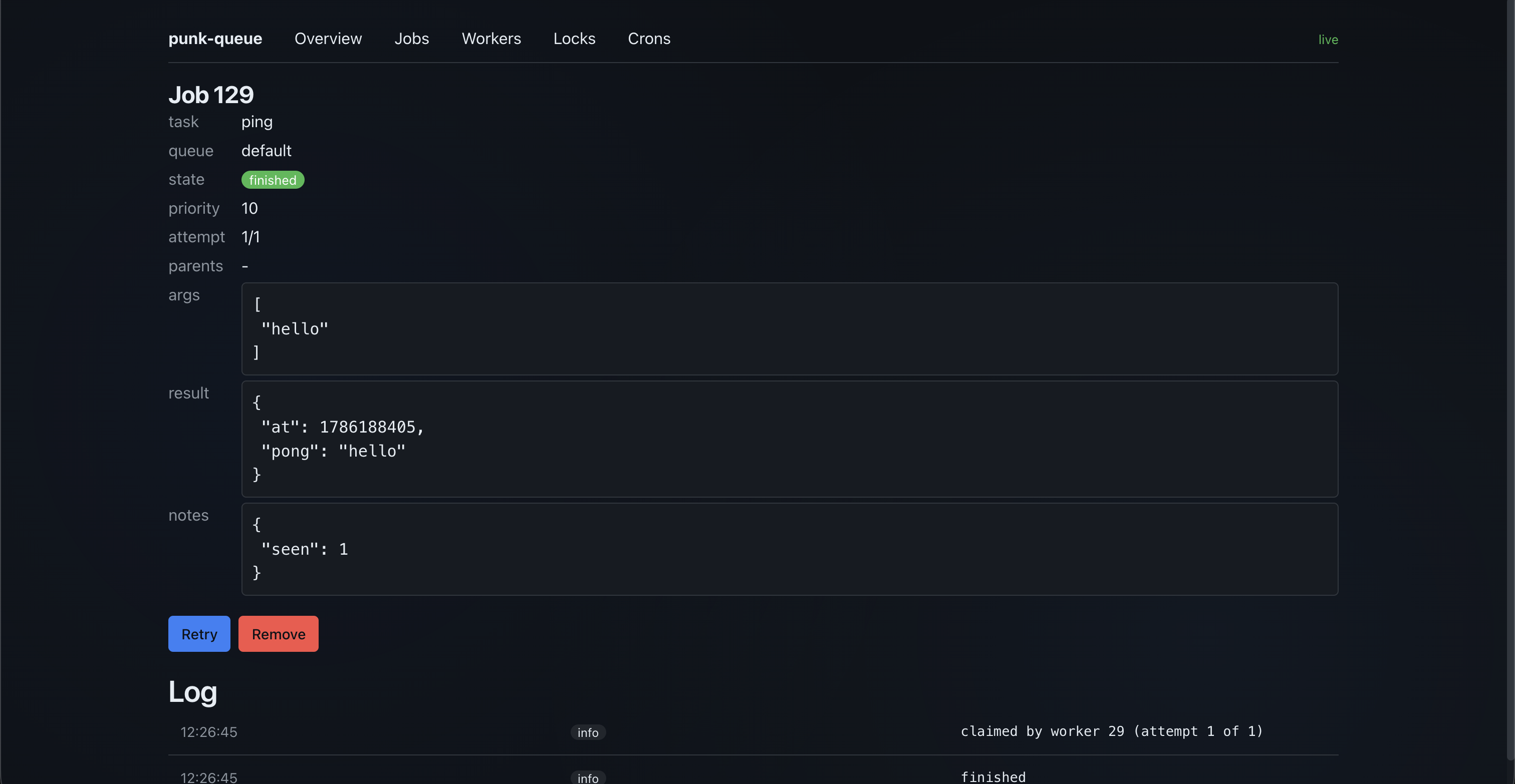 Funky job detail: arguments, result, attempts, retry and remove actions