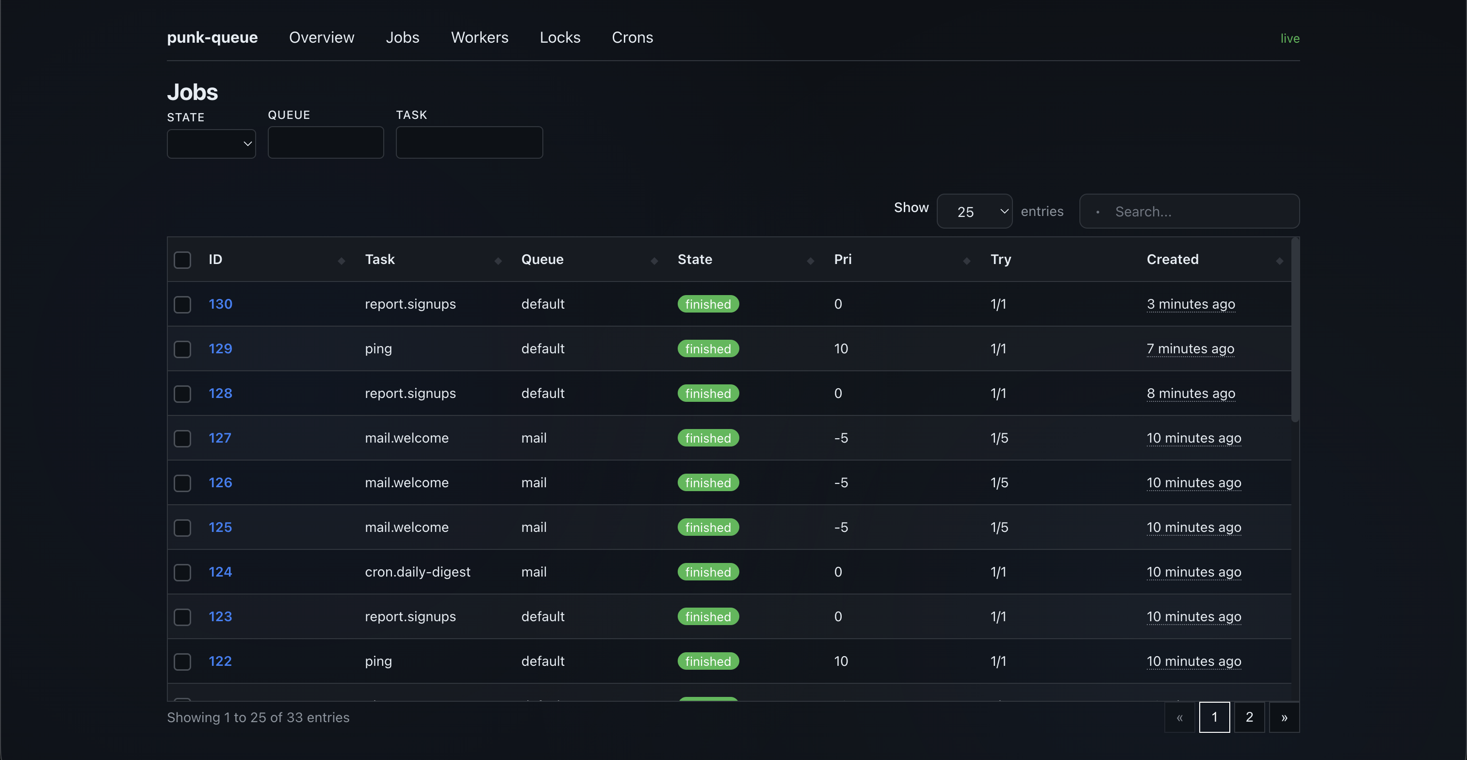 Funky jobs table with the filter toolbar and bulk actions