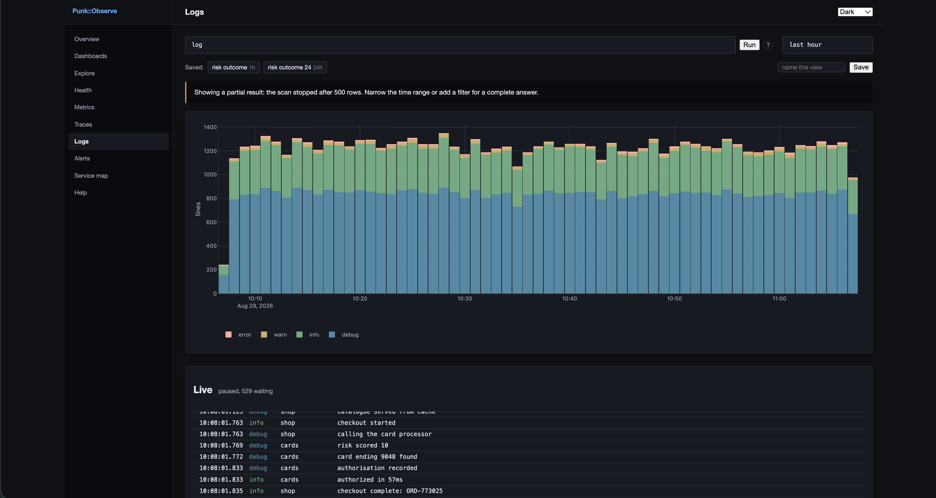 The log explorer: a filtered stream with severities, the live tail running and a line expanded in context