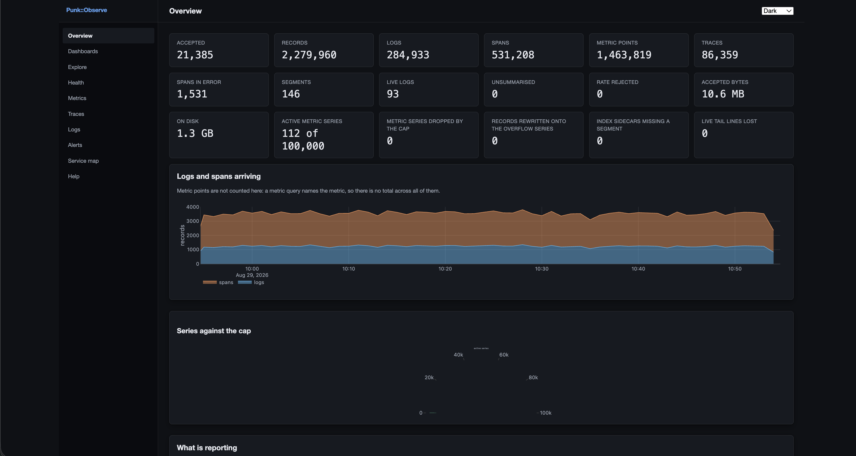 The Observe status screen: ingest rates per signal, store size, segment counts and the overflow counter