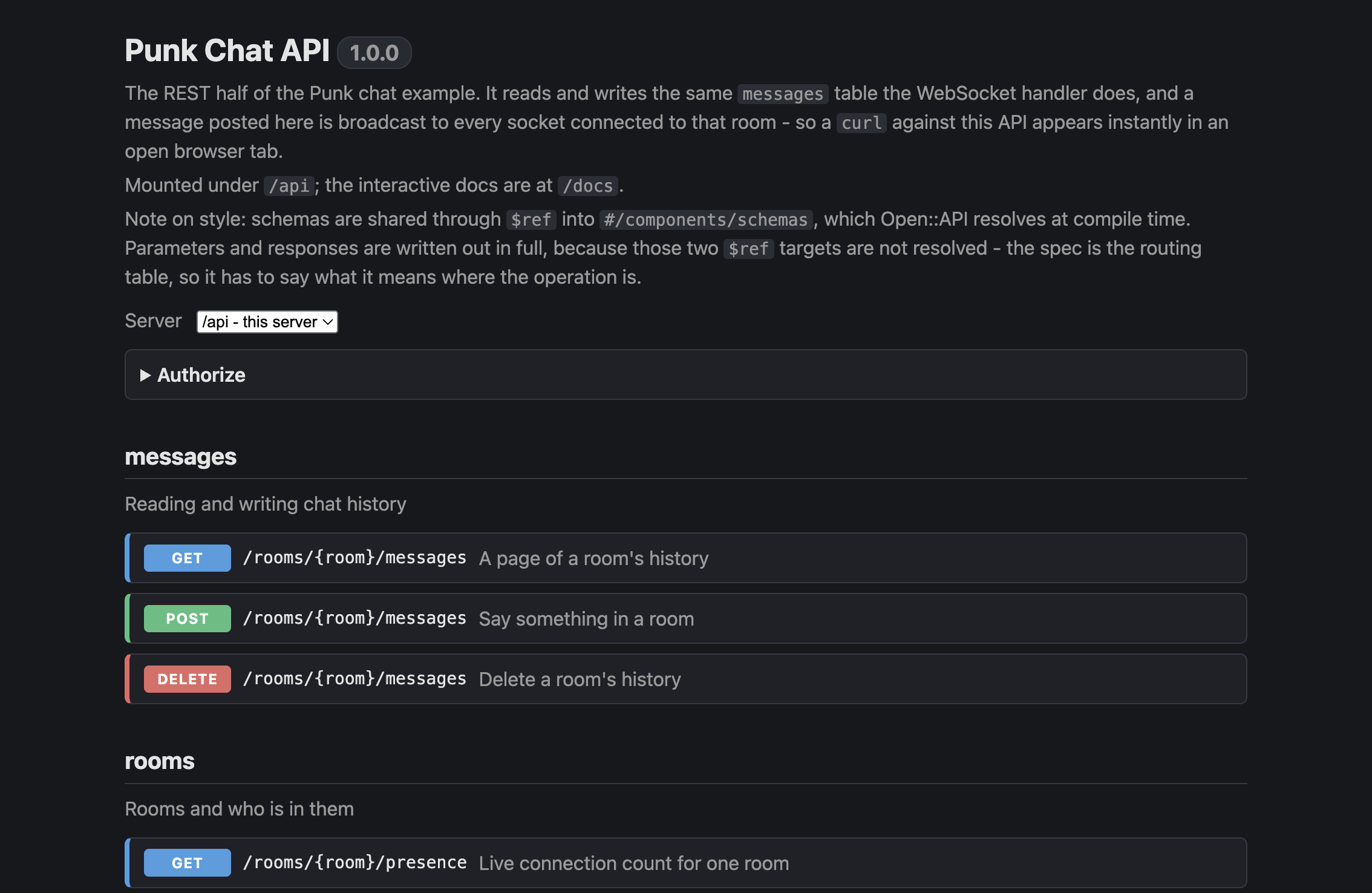 The generated OpenAPI reference UI for a mounted spec