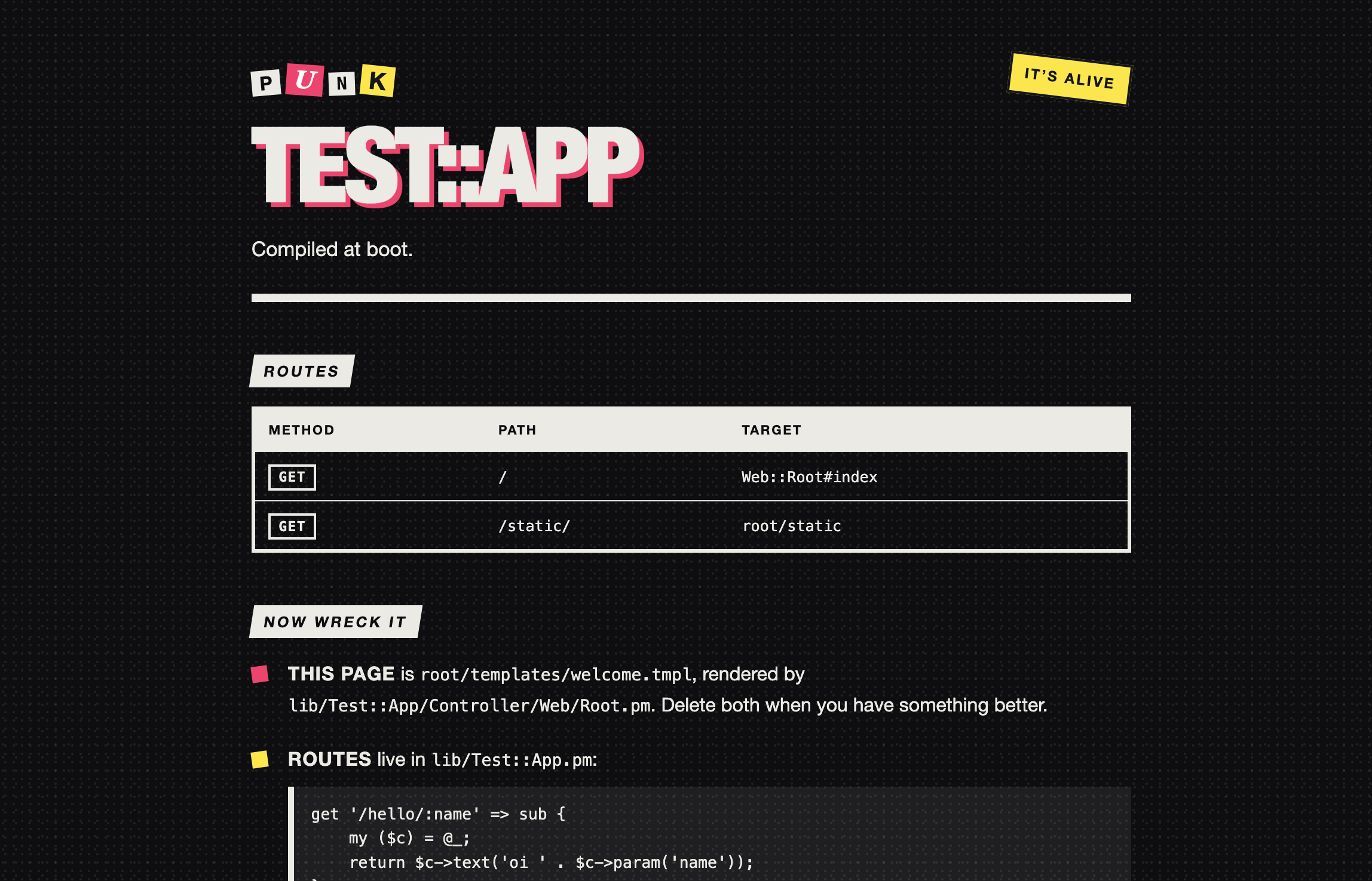 The welcome page a fresh punk-new application serves